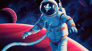 太空人在星空宇宙場景中漂浮在紅色行星上方。