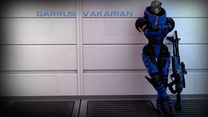 圖瑞安士兵 Garrus Vakarian 身穿藍色盔甲靠著牆壁，顯示他的名字。 — 質量效應 壁紙