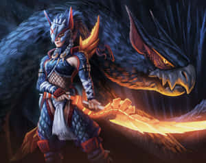 戰士手持發光劍在森林中對抗一頭巨大的黑暗龍。 — 魔物獵人 壁紙