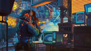 在配備發光螢幕和機器的先進實驗室中的 cyberpunk 戰士。 — 戰爭機器 壁紙