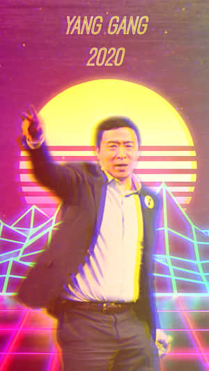 身穿西裝的男子在霓虹復古日落和網格背景中擺姿勢。 — 政治 壁紙