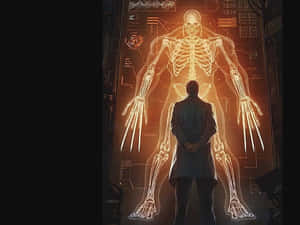 西裝男子在黑暗實驗室中觀看帶爪子的發光全息骨骼。 — 漫威復仇者聯盟 壁紙