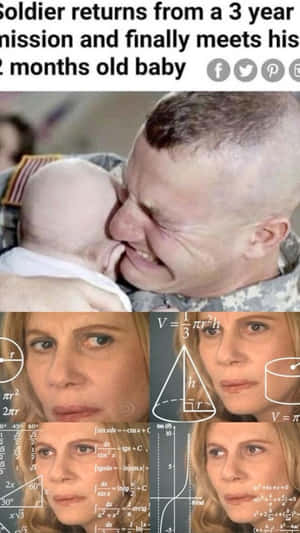 一名士兵抱著嬰兒，周圍環繞著數學方程式和一個女人的臉。 — 大笑 壁紙