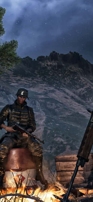 士兵在夜晚的山區營火旁 — 戰地風雲5 壁紙