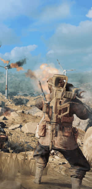身穿戰鬥裝備的士兵在戰區中對著燃燒的渦輪機開火。 — 決勝時刻：黑色行動4 壁紙