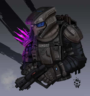 身穿戰鬥裝甲的Halo UNSC士兵手持紫色能量武器。 — Galaxy Z Flip7 FE 壁紙