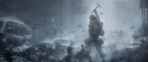 身穿盔甲的士兵在積雪廢墟城市戰場中揮舞斧頭。 — 3440x1440 壁紙