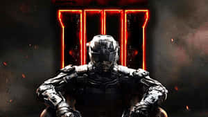 一名身穿黑色盔甲的士兵跪在一個發光的紅色Doom標誌前。 — 決勝時刻：黑色行動4 壁紙