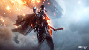 一名士兵在煙霧和遠處飛船的激烈戰鬥場景中開槍。 — 電玩遊戲 GIF 壁紙