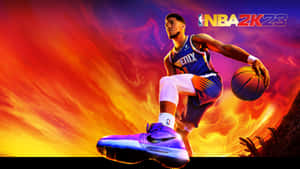 NBA 2K23籃球運動員在火熱的日落背景下行動。 — 4K籃球壁紙