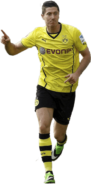 身穿黃色BVB球衣的足球運動員奔跑時手指指向前方。