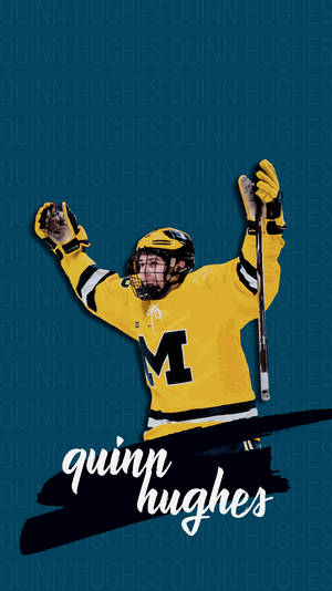 曲棍球運動員 Quinn Hughes 身穿黃色球衣，高舉球棍慶祝。 — 冰上曲棍球 GIF 壁紙