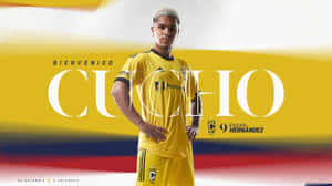 身穿黃色球衣的足球運動員，帶有「Bienvenido Cucho」文字和哥倫比亞國旗顏色。 — 黑川伊佐那 壁紙