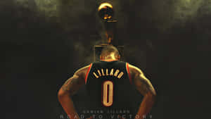 籃球運動員 Damian Lillard 身穿球衣，在黑暗煙霧環境中面對NBA獎盃。 — 最佳籃球 壁紙