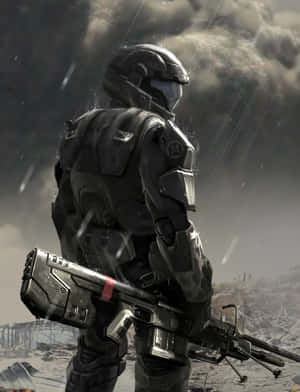 身穿未來盔甲的士兵在雨中戰區手持武器。 — 最後一戰： Reach 壁紙