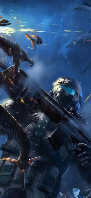 未來士兵在太空戰鬥中，面對發光碎片和敵艦。 — Galaxy A35 壁紙