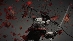 武士持劍，被飄落的紅楓葉包圍。 — 混沌武士 壁紙
