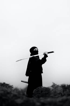 忍者戰士在霧氣瀰漫的戶外環境中持劍 — 混沌武士 壁紙