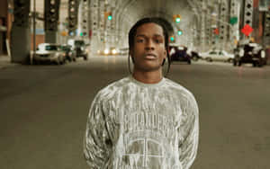 穿著灰色圖案襯衫的年輕男子站在橋下的城市街道上 — ASAP Rocky 壁紙