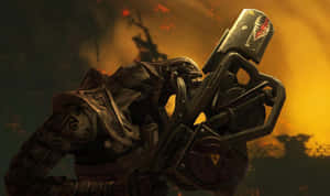 在燃燒的戰場場景中，重甲戰士手持重型武器。 — 洛克人 壁紙