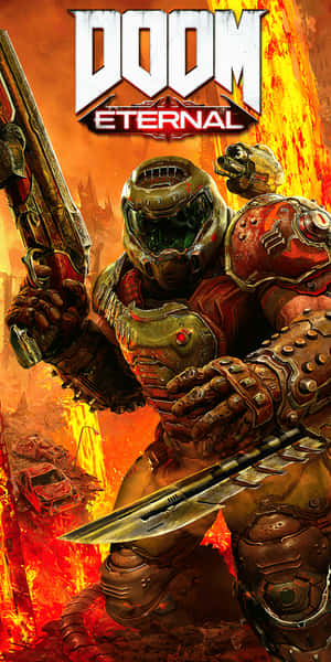 Doom Eternal 戰士在火熱的地獄環境中手持霰彈槍和電鋸。 — 18:9 壁紙