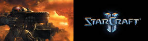 一名身穿盔甲的科幻士兵瞄準武器，旁邊閃耀著StarCraft II標誌。 — 32:9 壁紙