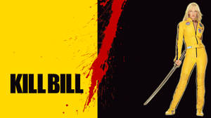 一名身穿黃色連身衣的女子，手持劍，背景為黃黑色，帶有「Kill Bill」文字和紅色飛濺。 — 追殺比爾 壁紙