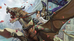 一名騎士和女子騎著裝甲龍越過山脈，粉色花瓣飄落。 — 高解析度龍 壁紙