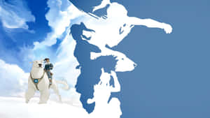 一名騎手騎著北極熊，面對雪天空中巨大的狼剪影。 — 無尾熊 壁紙