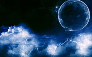 透過帶有明亮閃電的暴風雨天空看到的藍色行星和衛星。 — 宇宙美學 壁紙