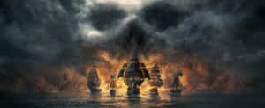 軍艦在暴風雨的海上，於熾熱的天空下交戰。 — 電玩遊戲 GIF 壁紙