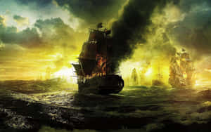 在暴風雨的海上，軍艦在熾熱的夕陽戰鬥中起火燃燒。 — 神鬼奇航 壁紙