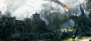 中世紀士兵在煙霧瀰漫的天空下，於燃燒的城堡廢墟中戰鬥。 — 城堡動畫 壁紙