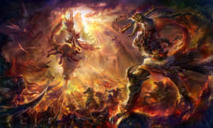 火焰中惡魔戰士與鳳凰的奇幻戰鬥場景。 — 神隕 壁紙