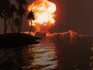 熱帶島嶼，棕櫚樹在黃昏時海洋上空的熾熱爆炸背景下形成剪影。 — 異塵餘生 GIF 壁紙