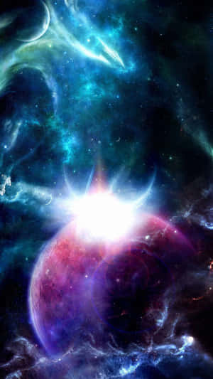 在一個充滿星星、色彩繽紛的星雲中，一顆行星附近發生了一場明亮的宇宙爆炸。 — 宇宙 壁紙