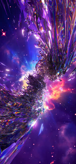 一場耀眼奪目的宇宙爆炸，伴隨著水晶碎片和色彩繽紛的星雲。 — Pixel 8 壁紙