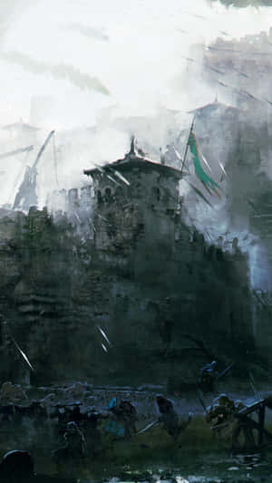 中世紀士兵在霧濛濛的天空下，於被雨水浸濕的堡壘附近戰鬥。 — 電玩遊戲 GIF 壁紙