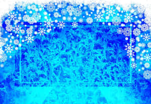 帶有雪花邊框和冰花圖案的冰藍色窗玻璃。 — 冬季風景 壁紙