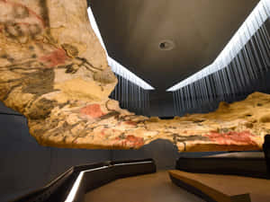 懸掛的古代岩石，帶有洞穴壁畫，在現代博物館展覽中。 — 洞穴 壁紙