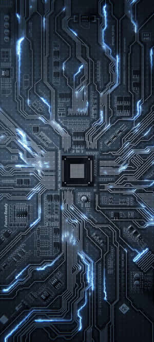 發光藍色電路板，帶有中央處理器和複雜路徑。 — Pixel 10 壁紙