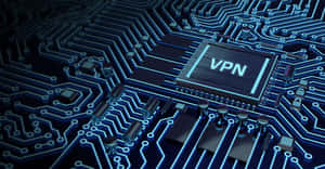 特寫一塊發光的藍色電路板，中央有一個VPN晶片。 — 設計 壁紙