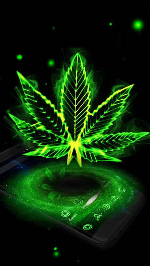 螢光綠色大麻葉漂浮在帶有發光綠色應用程式圖示的智慧型手機上方。 — 螢光綠 壁紙