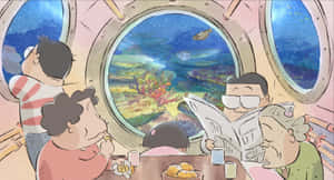 家庭在潛艇內吃早餐，觀看色彩繽紛的珊瑚礁和魚類。 — 幽遊白書 壁紙