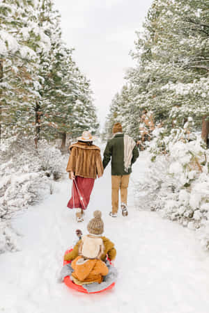 一家人在雪林中行走，有一個孩子坐在紅色雪橇上。 — 家庭 壁紙