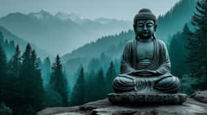 霧氣瀰漫的山林景觀中的石佛像 — 山脈 壁紙