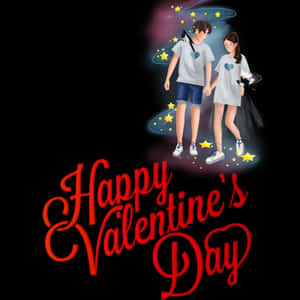 卡通情侶在星空下手牽手，帶有「Happy Valentine's Day」文字。 — 情人節快樂 壁紙