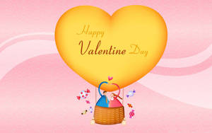 一對卡通情侶在籃子裡，在一個巨大的心形氣球下，上面有「Happy Valentine Day」文字。 — 16:10 壁紙