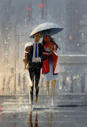 情侶在夜晚的城市街道上雨中共享一把雨傘。 — 情侶 壁紙