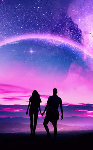 兩個人牽手看著星空的紫色天空中一顆發光的行星。 — 海洋藍 壁紙